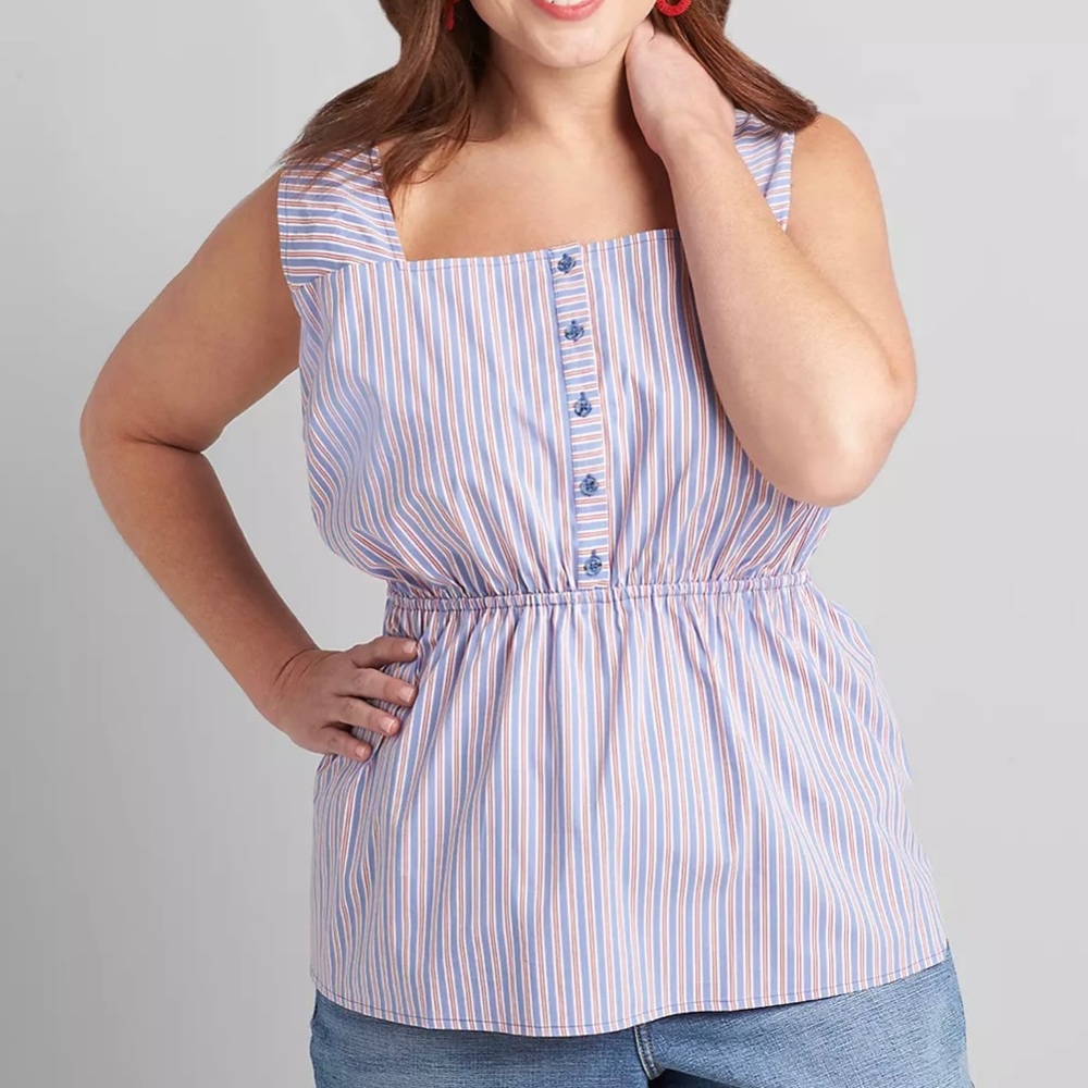Lane Bryant No Peek Striped Button-Front Peplum Top Blue Red Women’s Plus Size